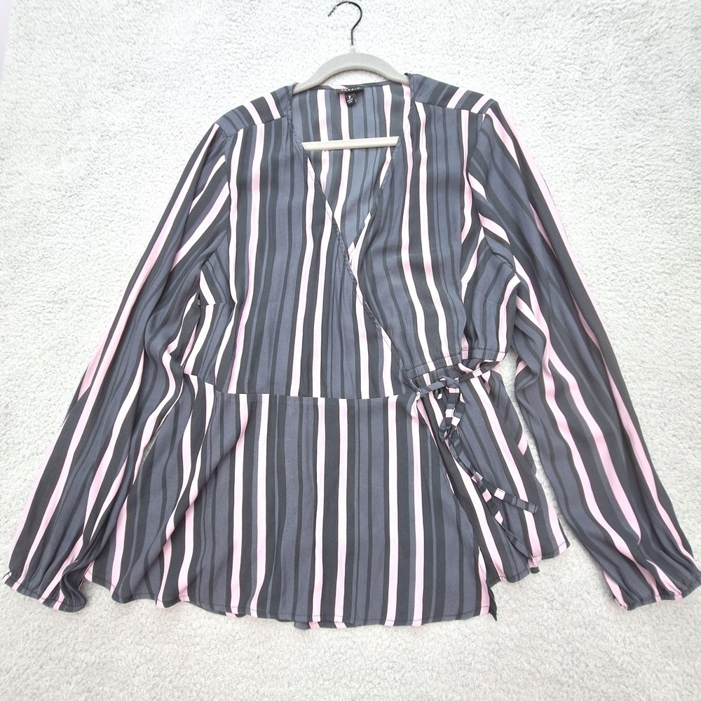 Torrid Blouse Womens 2X Pink Grey Striped Peplum Wrap Long Sleeve Top